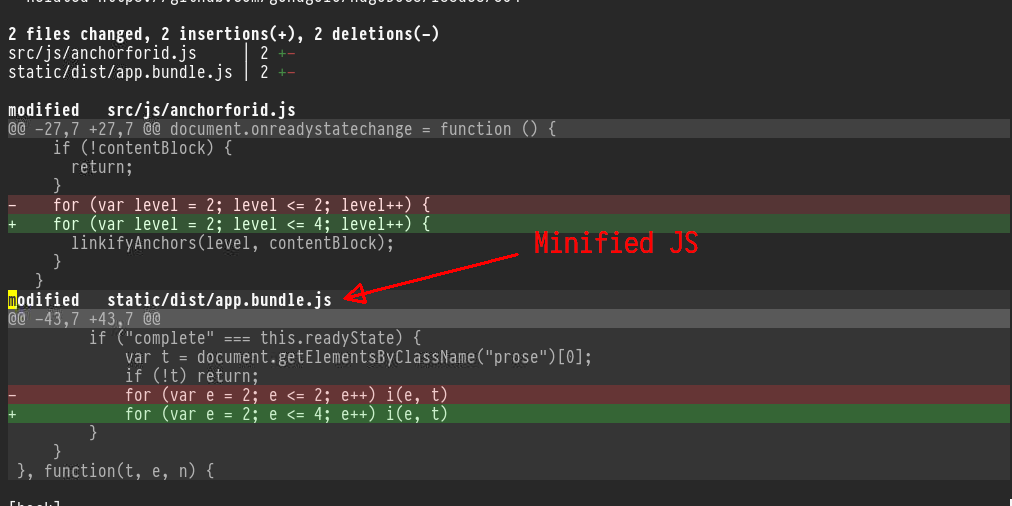 Figure 1: git diff of minified JS as seen in Magit