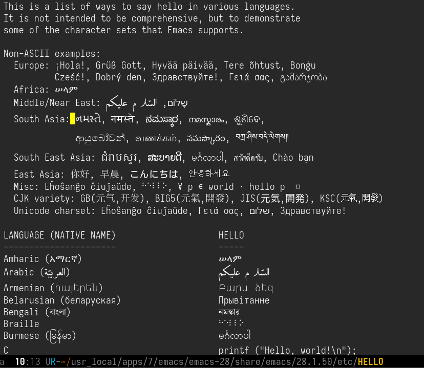 Figure 1: “Hello” buffer in Emacs