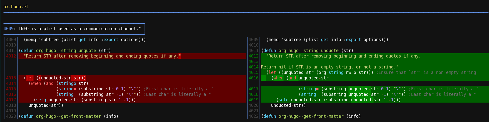 Figure 1: Example of how delta renders a git diff for an ox-hugo commit