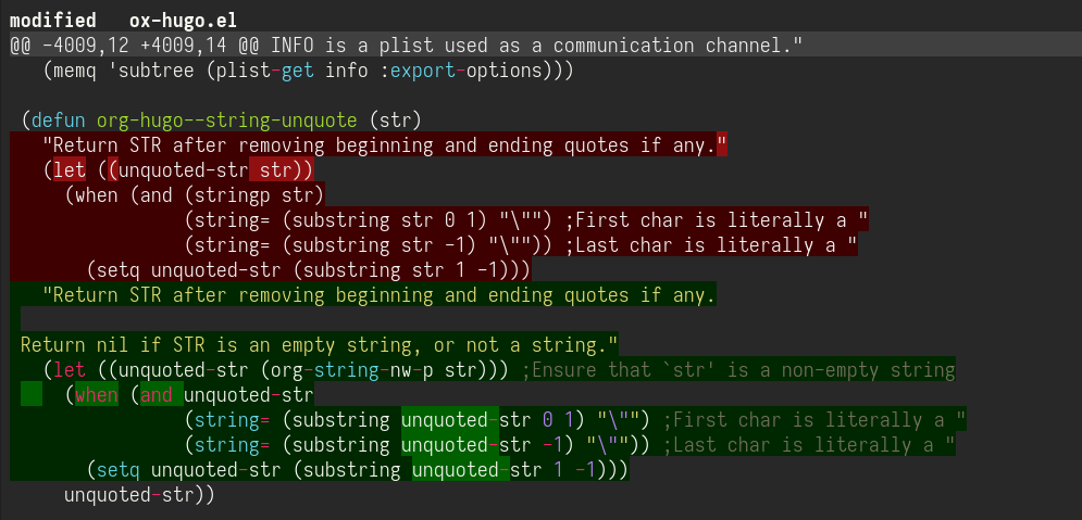 Figure 2: Example of how magit-delta renders a git diff for an ox-hugo commit